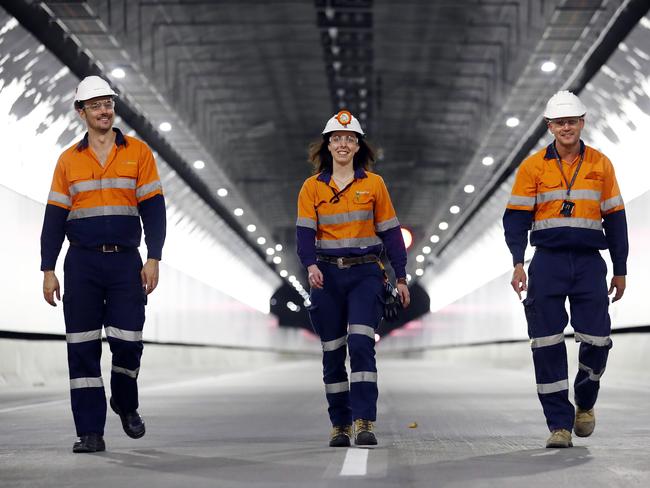 WEEKEND TELEGRAPHS - 14/10/20MUST NOT PUBLISH BEFORE CLEARING WITH PIC EDITOR JEFF DARMANIN - Insode look at the new NorthConnex tunnel in Sydney's North West. NorthConnex workers (L to R) Timothy Nairne, Emma Clark ad Simon Tulloch inside the tunnel at the 