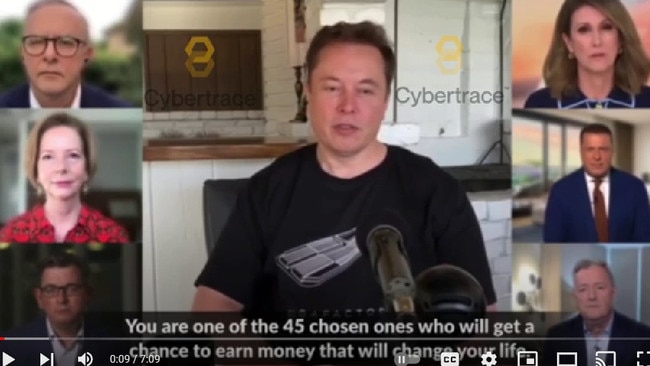 Elon Musk is joined by Anthony Albanese and other high profile Australians in a scam Facebook ad that led to NSW man Gary Meachen losing his retirement funds. Picture: Cybertrace