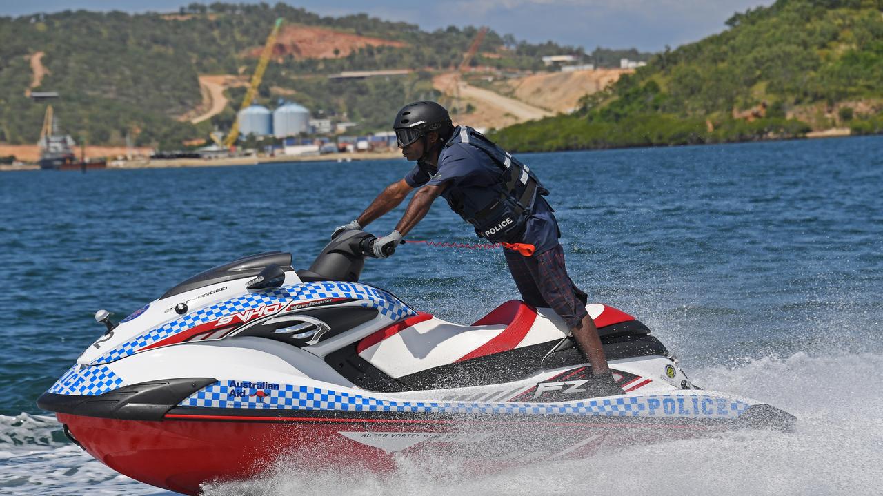 PREMIUM CONTENT - NEWS.COM OUT, THE AUSTRALIAN OUT EMBARGO FOR CHARLES MIRANDA STORY Ex Cairns to News Corp,   31.03.2018 (requested Neil Bennett)Gun Running from Australia to PNG in Lead Up to APEC -  PICS by  BRIAN CASSEY , story Charles MirandaRoyal Papua New Guinea Constabulary water police officers patrol PNG's waters on their new patrol ski vessels.