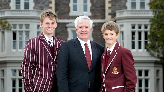 Prince Alfred College Headmaster Bradley Fenner with students Alex Glover, 17, and Tom Willson, 14. Picture: Noelle Bobrige