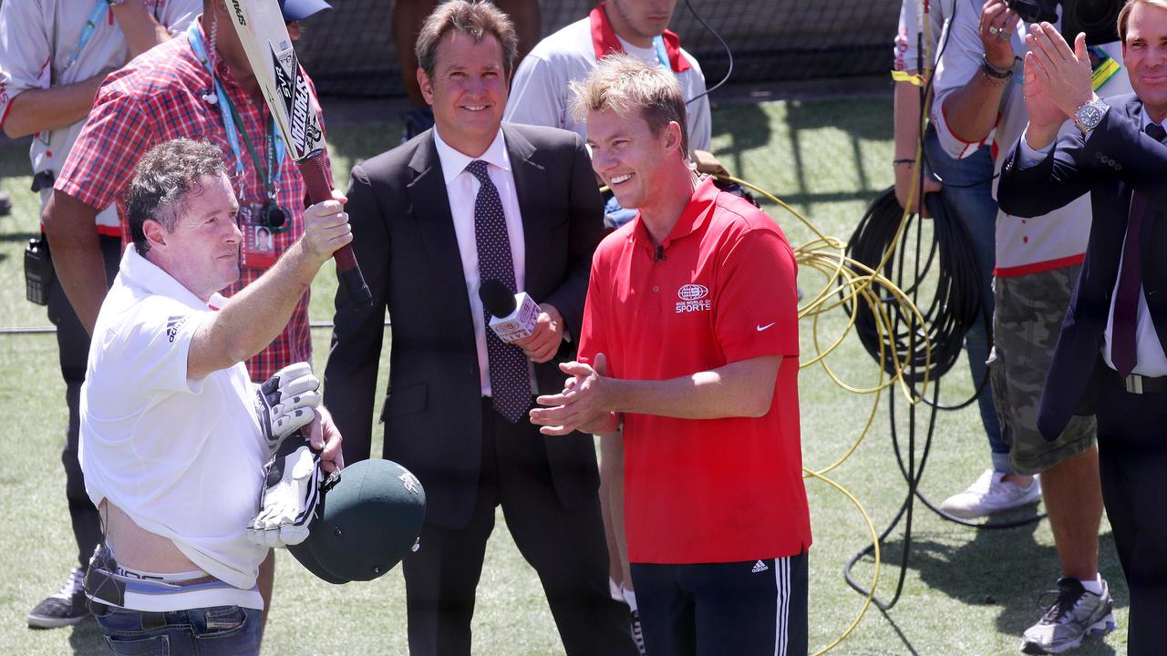 Brett Lee bowling to Piers Morgan at the MCG nets.