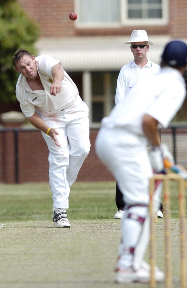 Sean Ayres bending his back and bowling fast in the Subbies.