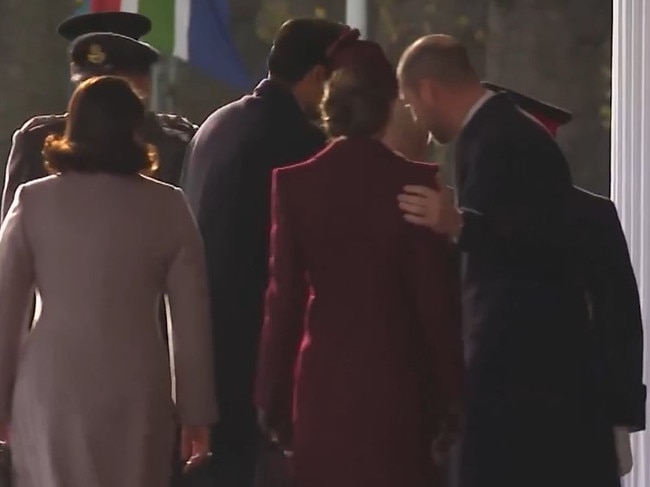 Prince William places a tender hand on Princess Catherine as they meet the Qatari royal family. Picture: Sky News