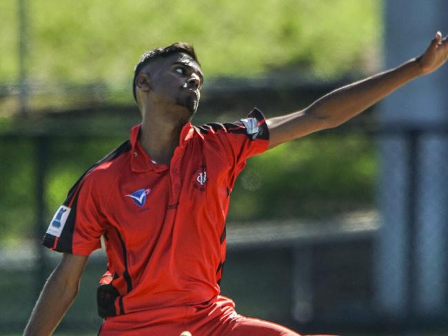 Subbies Cricket: Moorabbin v Plenty Valley. Damsara Menwara bowling for Moorabbin. Picture: Valeriu Campan