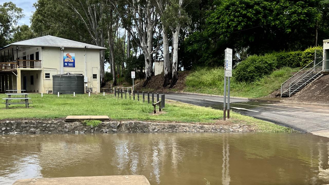 The boat ramp at Sandy Hook on the Burnett River can barely be seen due to the rising river level.