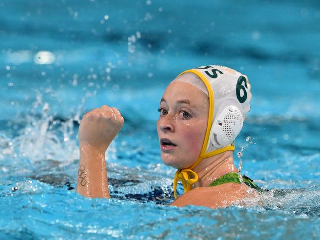 Abby Andrews celebrates a goal for Australia. Picture: AFP