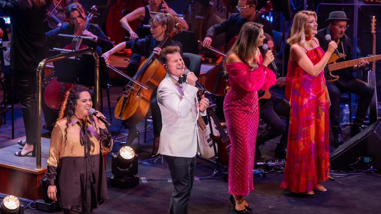 Jess Hitchcock, David Campbell, Christie Whelan Browne and Georgina Hopson during their much-loved Olivia Newton-John tribute: Hopelessly Devoted. Picture: Nico Keenan