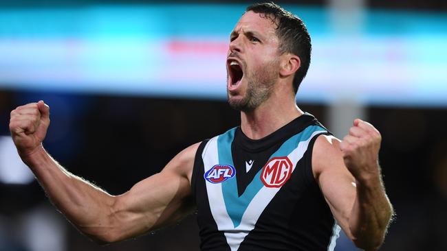 ADELAIDE, AUSTRALIA – MAY 06: Travis Boak of Port Adelaide celebrates a goal during the round eight AFL match between the Port Adelaide Power and the Western Bulldogs at Adelaide Oval on May 06, 2022 in Adelaide, Australia. (Photo by Mark Brake/Getty Images)