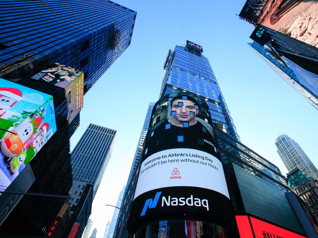 An Airbnb logo on a billboard in Times Square in New York, where an Australian tourist was attacked in a holiday rental in 2016. Picture: Kena Betancur/AFP