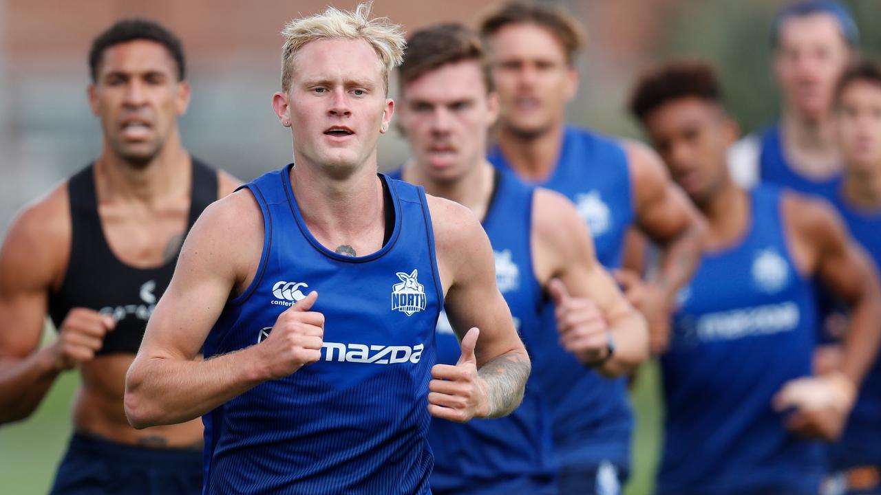 Former Magpie Jaidyn Stephenson sets the pace at North Melbourne.