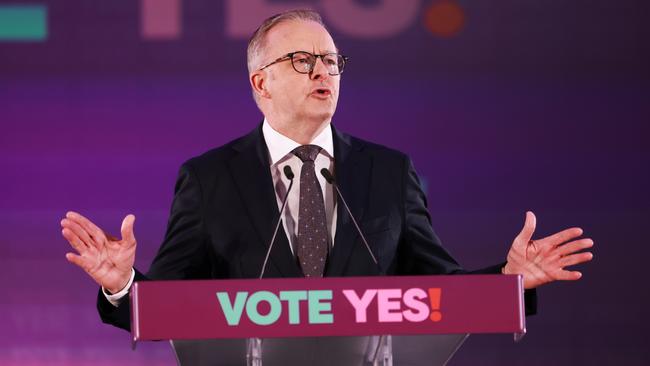 Prime Minister Anthony Albanese speaks at the Yes campaign launch on August 30 in Adelaide. Picture: James Elsby/Getty Images