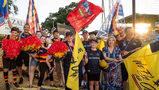 Adelaide Supporters Club Peter Kauschke (President), Sue Retallick, Carmel Johnston, Exe Goodings, Graeme Goodings, Shaylee Hollobone, Matt Flack, Elliot Flack, Mason Flack, Tammy Hollobone, Nick Hollobone, Kirsten Kingsford, Luke Kingsford, Jackson Kingsford, Jason Waugh, Ethan Waugh, Rafael Espinoza-Hosking and Felipe Espinoza at the Gold Coast Suns match vs Adelaide Crows at TIO Stadium. Picture: Pema Tamang Pakhrin