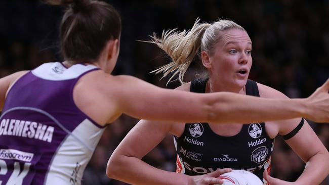 Caitlin Thwaites of the Magpies in the match against the once champion Queensland Firebirds.