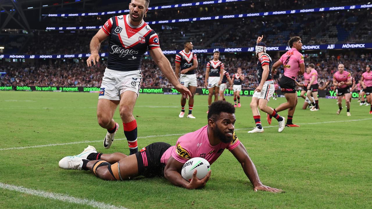 Luke Keary appealed to the officials to check for an obstruction for one of Penrith’s tries. Picture: Cameron Spencer/Getty Images