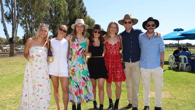 Annie, Erica, Anna, Olivia, Catherine, James and Hayden attend the 2024 Echuca Cup races Picture: Brendan Beckett