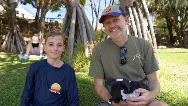 Sebastian Barry, 11, and Mitch Barry at the 49th Annual Pa &amp; Ma Bendall Memorial Surfing Contest held at Moffat Beach in Caloundra on April 8, 2023. Picture: Katrina Lezaic