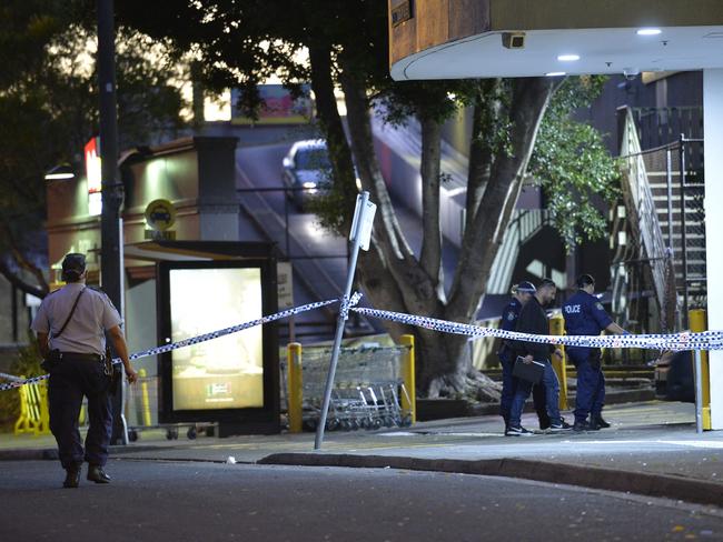 Police at the scene of an armed robbery with guns at Marrickville Shopping Centre in May. Picture: Jeremy Piper