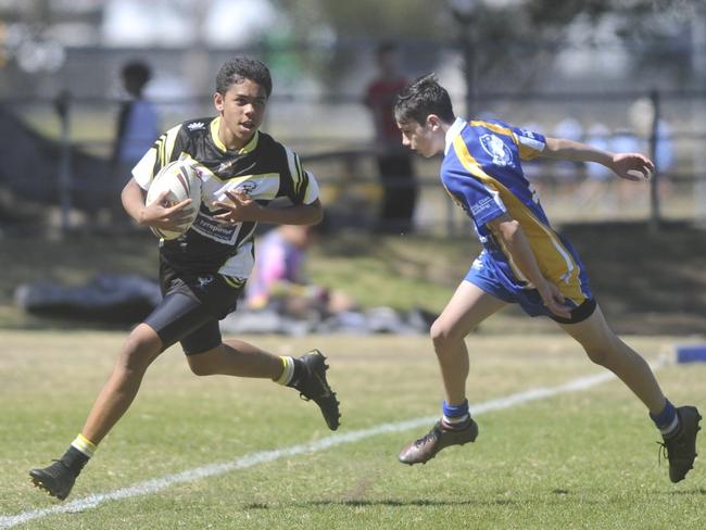 Clarence Coast Magpies U13 stat AJ Hickling takes on Marist Brothers at the Group 1 Junior League Finals