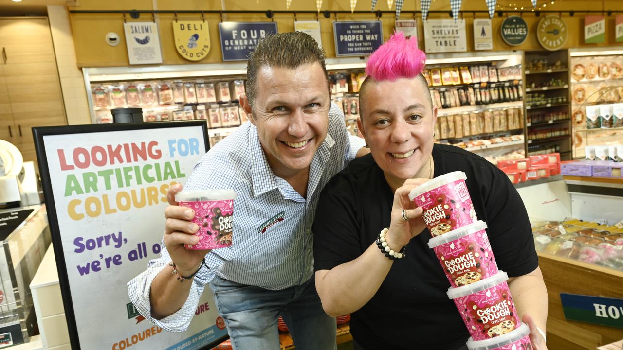 Harris Farm Markets co-chief executive Tristan Harris and pastry chef Anna Polyviou are backing the grocer’s no artificial colours stance. Picture: Harris Farm