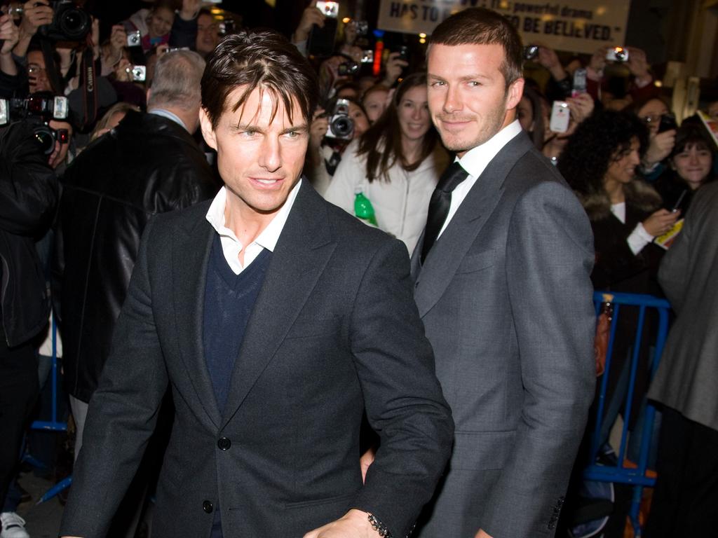 Tom Cruise and David Beckham leave a performance of the Broadway play All My Sons in 2008. Photo: AP Photo/Charles Sykes