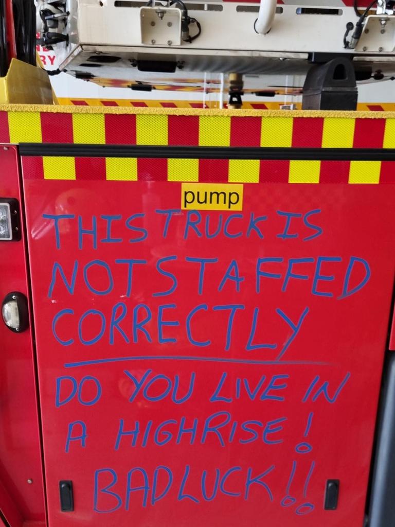 NT Firefighters have been writing slogans on their firetrucks as part of a protected industrial action during ongoing EBA negotiations. Picture: Supplied.