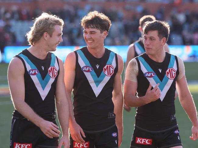 Port Adelaide’s midfield mix of Jason Horne-Francis, Connor Rozee and Zak Butters. Picture: James Elsby/AFL Photos via Getty Images)