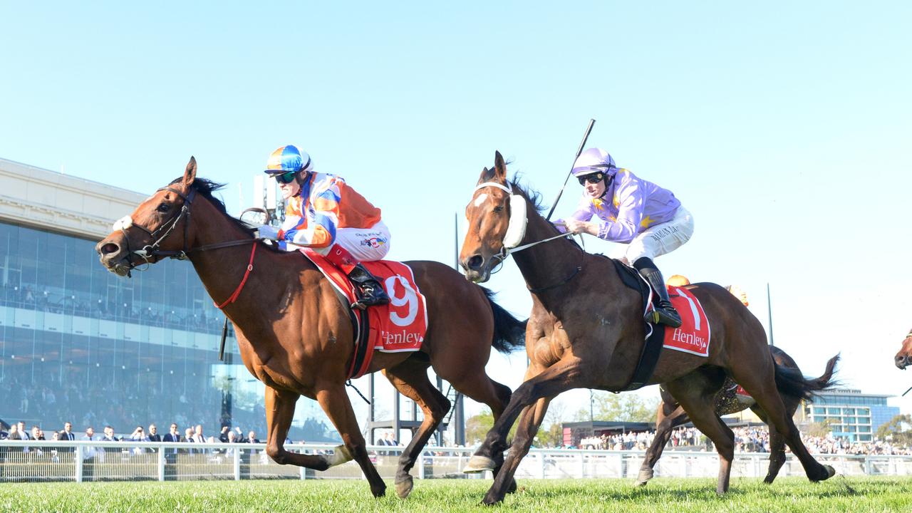 Bellatrix Star finished over the top of Oscar’s Fortune in the Group 2 Schillaci Stakes at Caulfield. Picture: Brett Holburt/Racing Photos via Getty Images