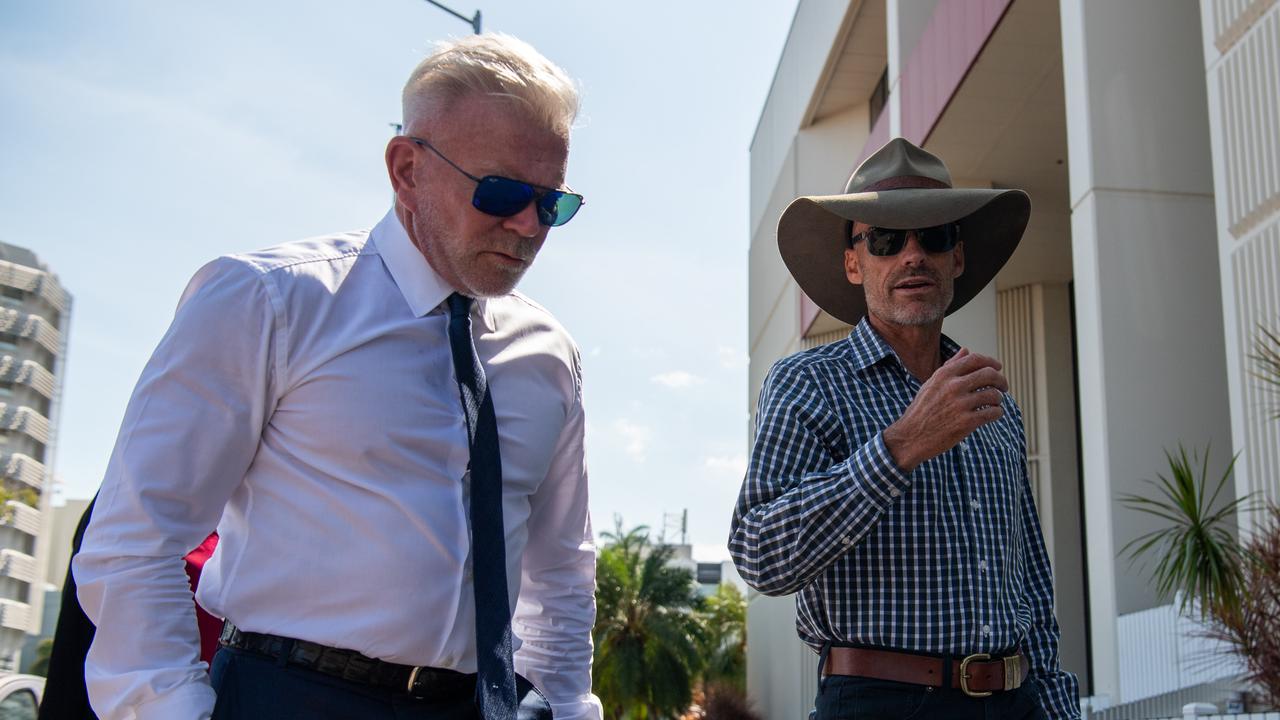 Former City of Darwin Lyons ward councillor Paul Arnold with defence barrister Jon Tippett KC outside the Darwin Local Court after pleading not guilty to assault, deprivation of liberty and stalking. Picture: Pema Tamang Pakhrin