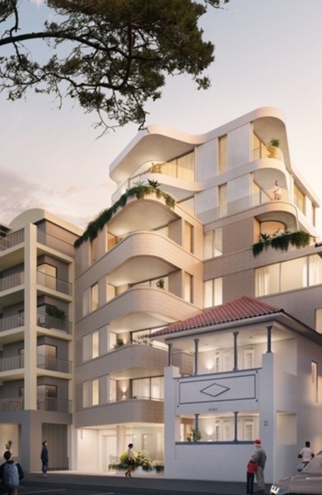 An artist's impression for a 7-storey block of shop-top units, incorporating a heritage-listed 2-storey block of flats, which has been given planning approval for 9-11 Victoria Pde, Manly. Picture: Platform Architects