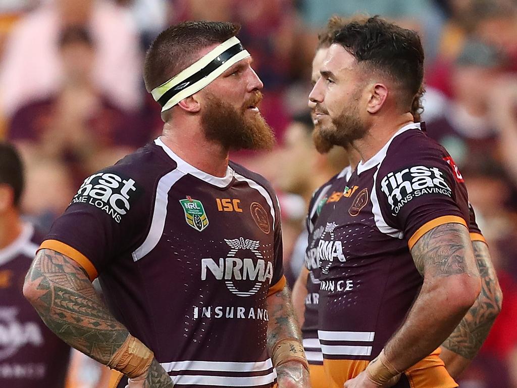 BRISBANE, AUSTRALIA - SEPTEMBER 09:  Josh McGuire and Darius Boyd of the Broncos look on after a Dragons try during the NRL Elimination Final match between the Brisbane Broncos and the St George Illawarra Dragons at Suncorp Stadium on September 9, 2018 in Brisbane, Australia.  (Photo by Chris Hyde/Getty Images)