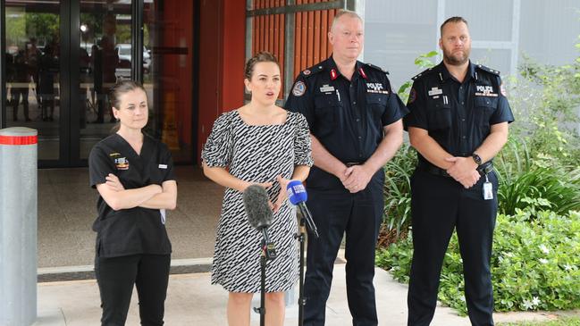 Doctor Rebecca Day, NT Chief Minister Lia Finocchiaro, assistant commissioner Matt Hollamby and superintendent Rick Magree talk about safety over the Christmas period. Picture: Sam Lowe