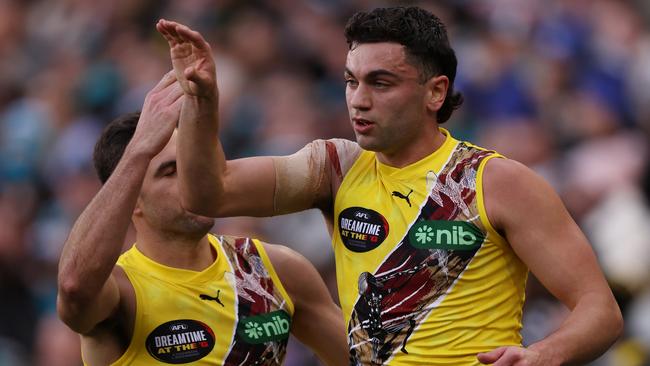 Tim Taranto celebrates one of his four goals for the Tigers. Picture: Robert Cianflone/Getty Images