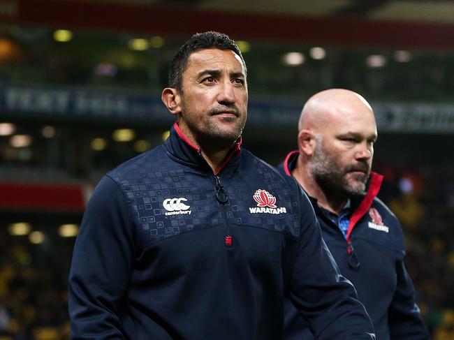 WELLINGTON, NEW ZEALAND - APRIL 07:  Coach Daryl Gibson and Assistant coach Cam Blades of the Waratahs look on during the round seven Super Rugby match between the Hurricanes and the Waratahs at Westpac Stadium on April 7, 2017 in Wellington, New Zealand.  (Photo by Hagen Hopkins/Getty Images)