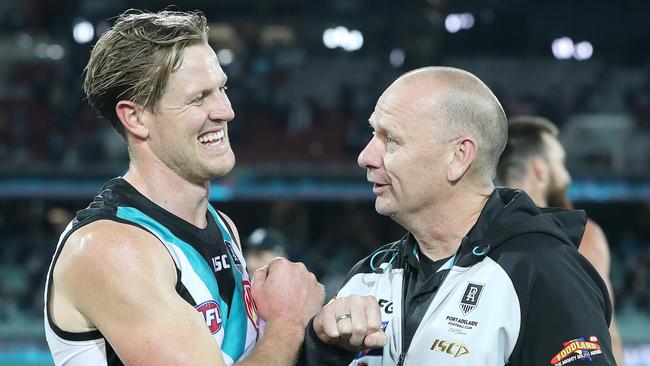 Power skipper Tom Jonas and coach Ken Hinkley are feeling on top of the world right now. Picture: Sarah Reed