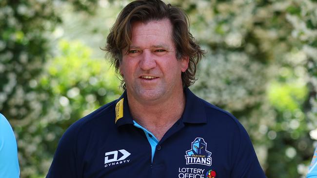 GOLD COAST, AUSTRALIA - NOVEMBER 03: Head Coach Des Hasler and players Jayden Campbell and Beau Fermor during a Gold Coast Titans Media Opportunity at The Club at Parkwood Village on November 03, 2023 in Gold Coast, Australia. (Photo by Chris Hyde/Getty Images)