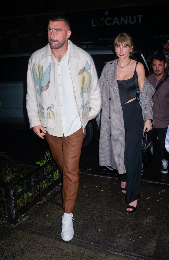 Travis Kelce and Taylor Swift after the football star hosted Saturday Night Live in 2023. Picture: Gotham/GC Images