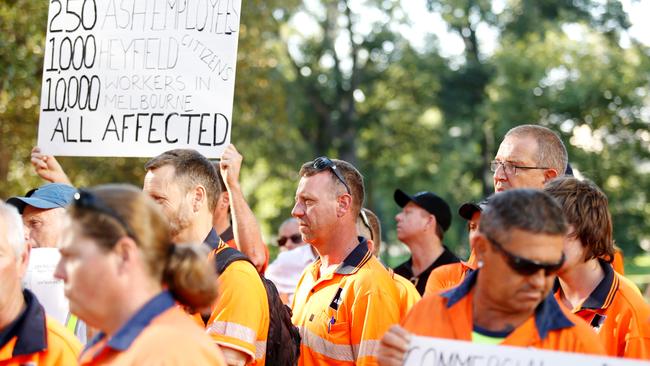 Heyfield Timber Mill workers protesting outside a cabinet meeting. Picture: Chloe Smith.