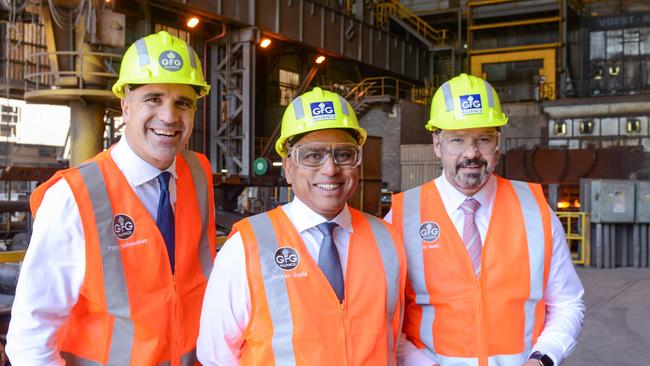 Premier Peter Malinauskas and Federal Minister Ed Husic talk to steelworker Matt Rogers after announcing the Whyalla steel plant will be run on hydrogen fuel, making it the first green steel plant in the world, on April 4, 2023. Picture: GFG ALLIANCE/Brenton Edwards