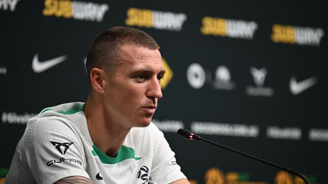 Australia's Mitchell Duke says the Socceroos now want to turn their attention to football not human rights. Picture: Paul ELLIS / AFP)