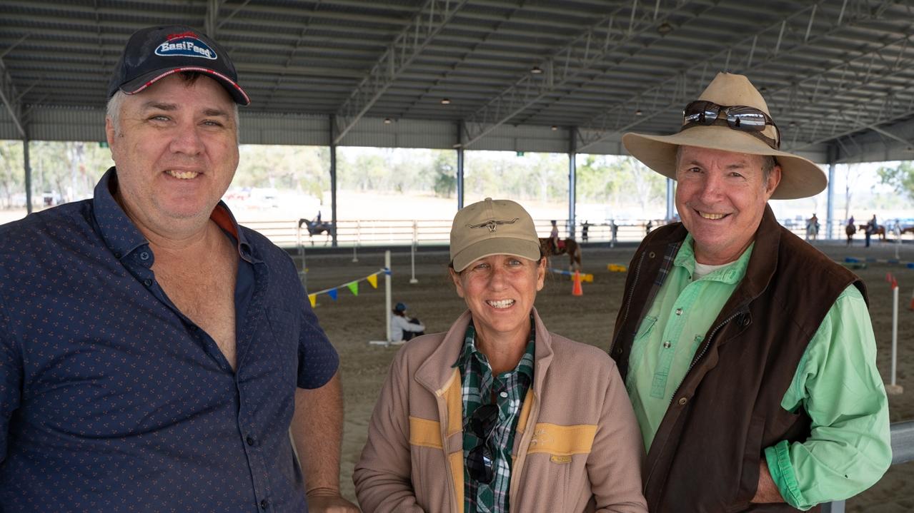 Glen Bell, Kylie and Ken Dowling at the Sunday horse events of the Kilkivan Great Horse Ride. Sunday, July 2, 2023. Picture: Christine Schindler