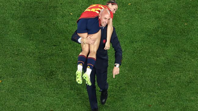 Luis Rubiales carries Spain's Athenea del Castillo Beivide on his shoulder as they celebrate winning the World Cup Picture: AFP