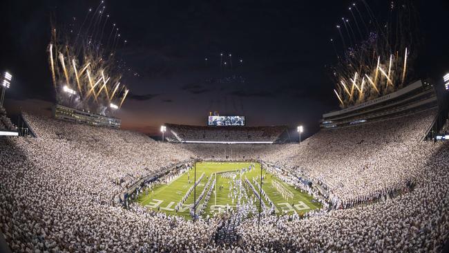 Fireworks over Beaver Stadium in Pennsylvania before South Australian Oscar Chapman and his visiting Auburn Tigers team take on the Penn State Nittany Lions in a “whiteout” game on September 18. Picture: Scott Taetsch/Getty Images/AFP