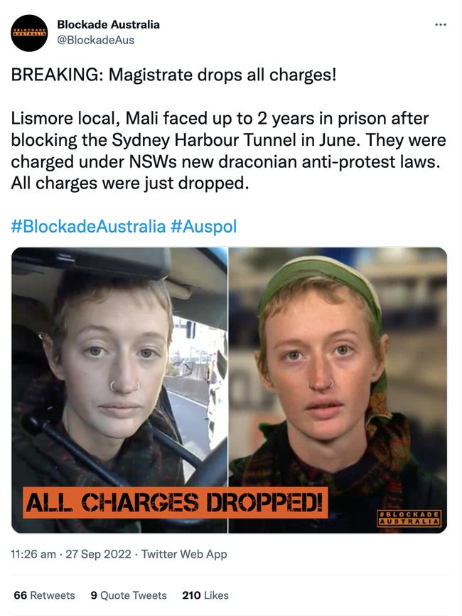 tweet from Blockade Australia in support of her.