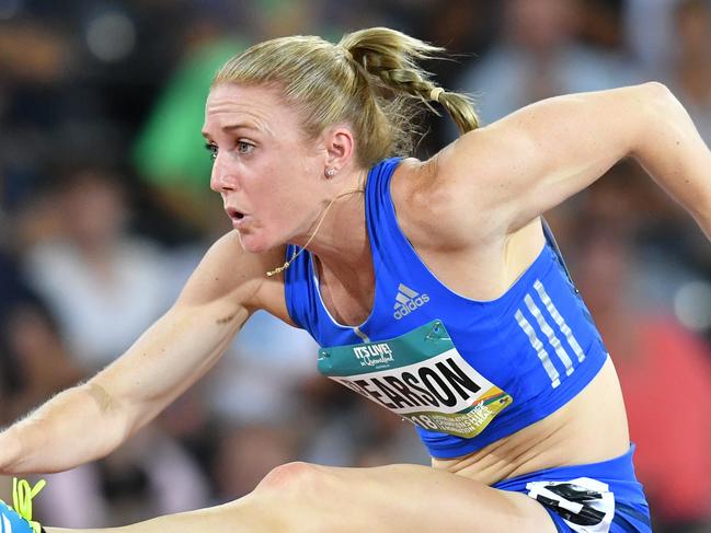 Sally Pearson of Queensland in action winning the final of the women's 100 metre hurdles during day three of the Australian Athletics Championships at Carrara Stadium on the Gold Coast, Saturday, February 17, 2018. (AAP Image/Darren England) NO ARCHIVING, EDITORIAL USE ONLY