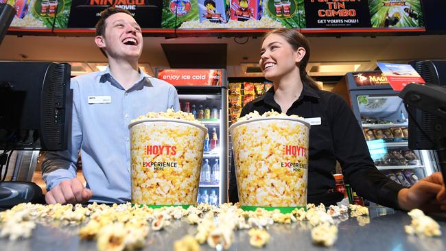 Hoyts cinema staff Mitchell Leyton and Georgia Mignot. Picture: James Ross