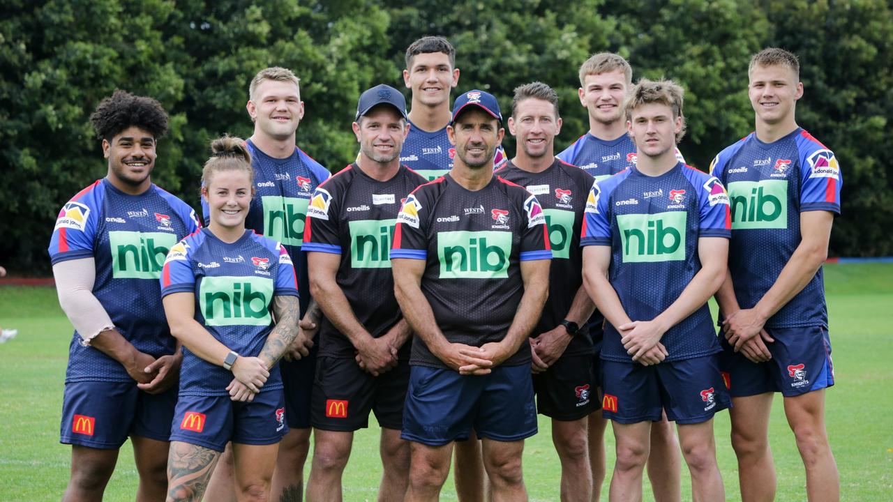 Junior players and coaches, L to R, Noah Nailagoliva, Jayme Fressard, Max Bradbury, Danny Buderus, Navren Willett, Andrew Johns, Kurt Gidley, Oryn Keeley, Jye Linnane and Liam Sutton. Newcastle Knights juniors being coached by the likes of Andrew Johns and others at their training facility in Mayfield, Newcastle. Picture by Liam Driver.