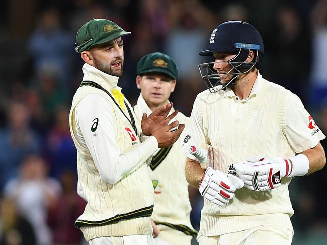 Australia's Nathan Lyon has words to England captain Joe Root as he leaves the field at stumps on Day 4 of the Second Test