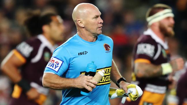 Brisbane trainer Allan Langer takes the bottle up for the Broncos. Picture: Brett Costello