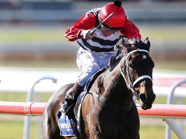 Jockey Craig Williams riding Fife runs second to Damien Oliver riding Sebring Sally in Race 1 the Racing.com 2YO Fillies Handicap during the Ballarat race meeting transferred to the Geelong Racecourse on Sunday 26th July, 2015. Picture: Mark Dadswell