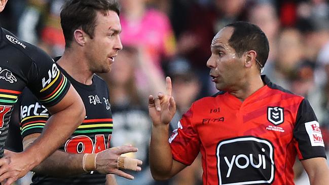 Referee Ashley Klein had his hands full with Penrith’s James Maloney on Sunday - and copped it from Panthers’ coach Ivan Cleary at halftime as well. Picture: Brett Costello